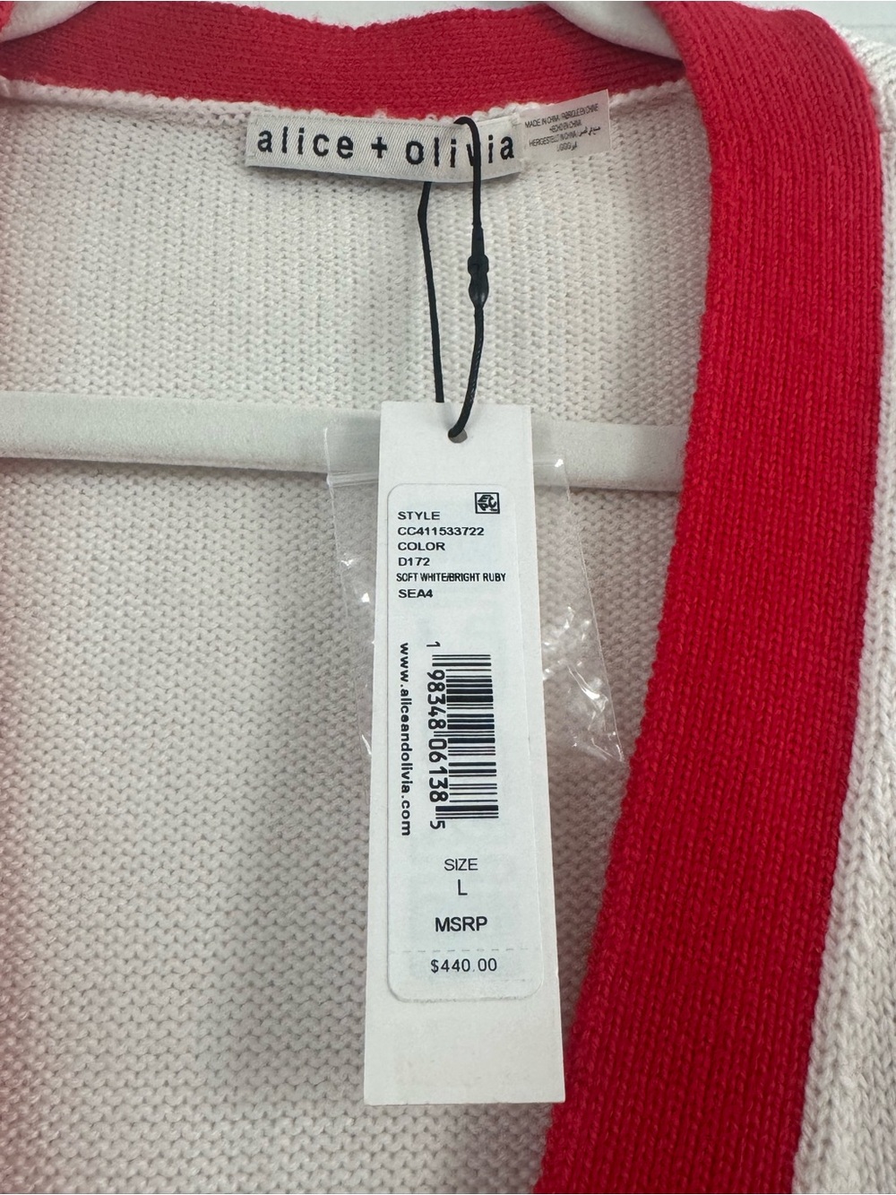 Alice + Olivia Soft White Cardigan with Red Heart Accents NWT Size L - Picture 2 of 5